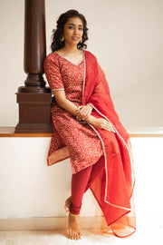 Red Bandini Chanderi Kurti with Dupatta