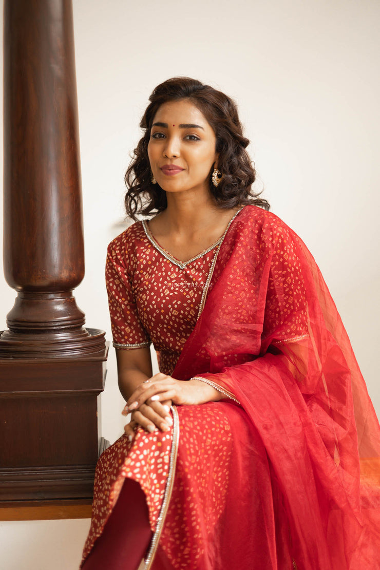 Red Bandini Chanderi Kurti with Dupatta