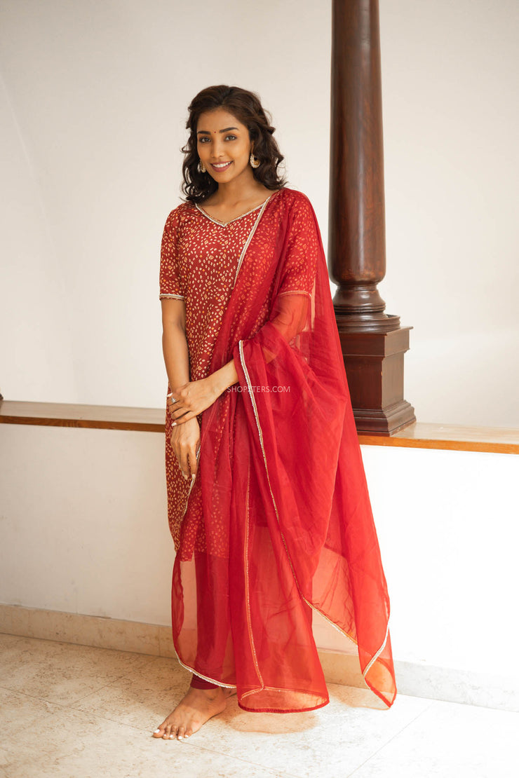 Red Bandini Chanderi Kurti with Dupatta