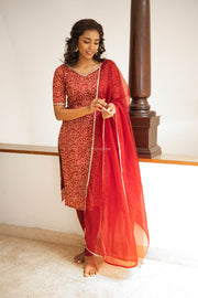 Red Bandini Chanderi Kurti with Dupatta