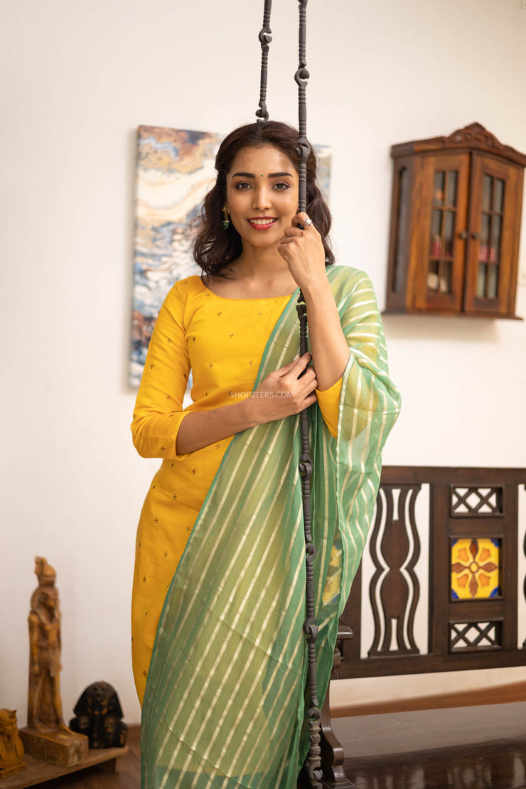 Yellow Chanderi Kurti with Green Dupatta