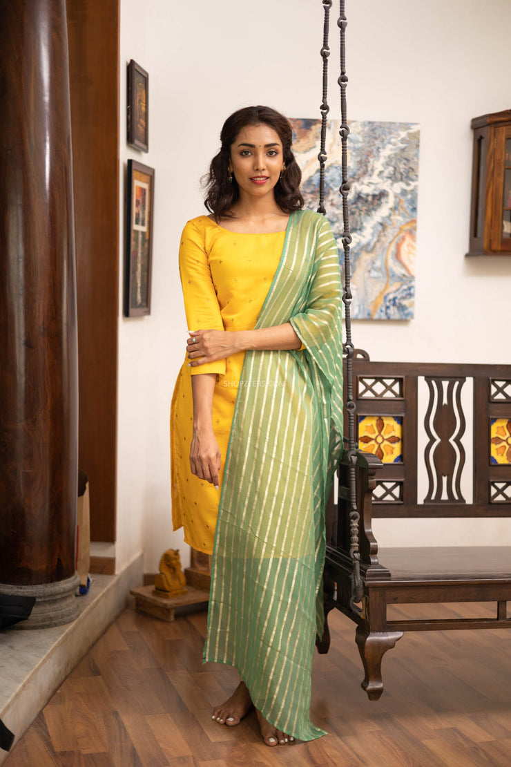 Yellow Chanderi Kurti with Green Dupatta