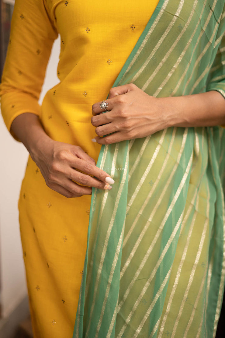 Yellow Chanderi Kurti with Green Dupatta