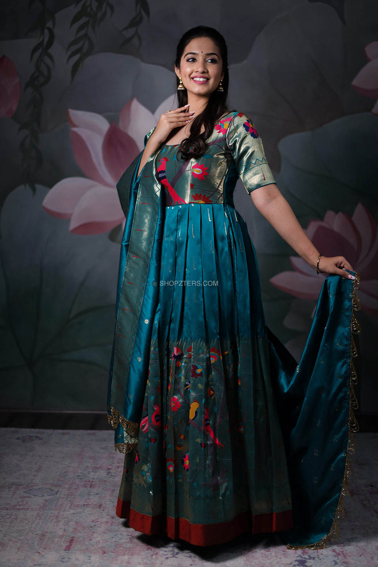 Rama Blue Banarasi Silk Dress with Paithani Weaving