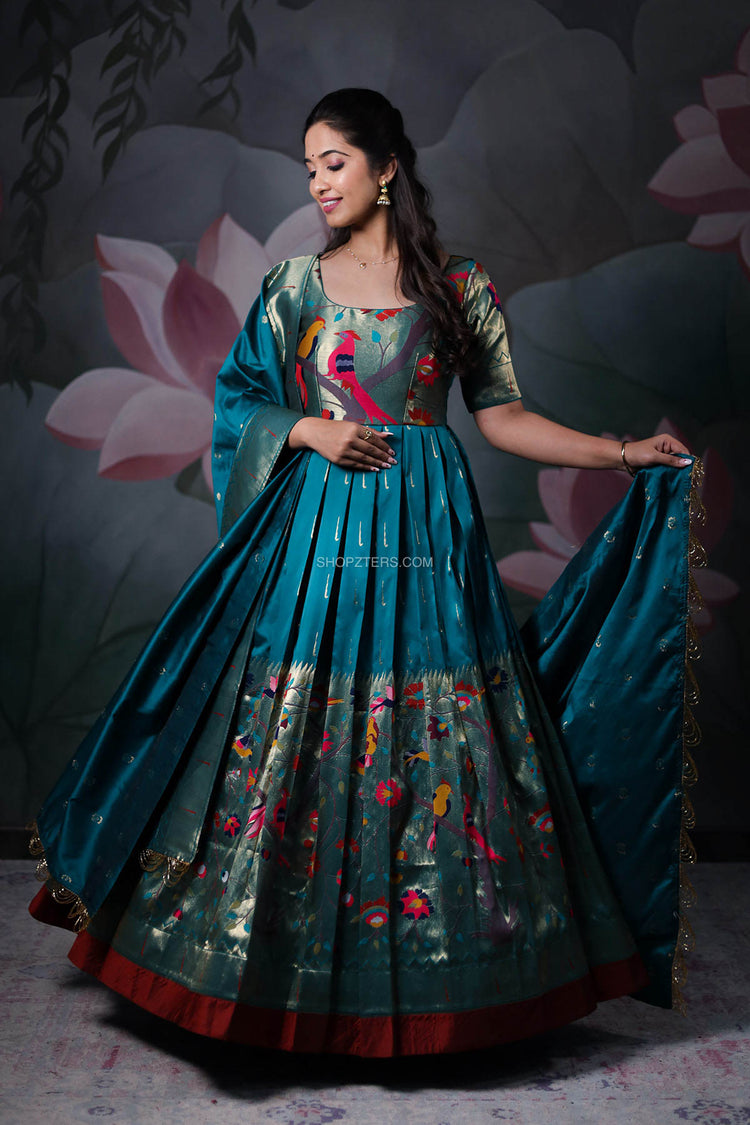 Rama Blue Banarasi Silk Dress with Paithani Weaving Shopzters