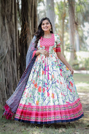 White and Pink Floral Dress With Blue Dupatta