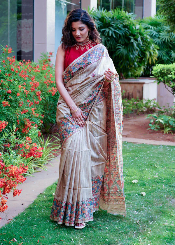 Beige Khicha Silk Madhubani Print Saree