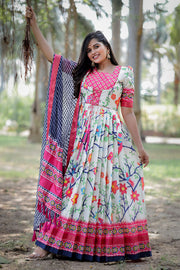 White and Pink Floral Dress With Blue Dupatta