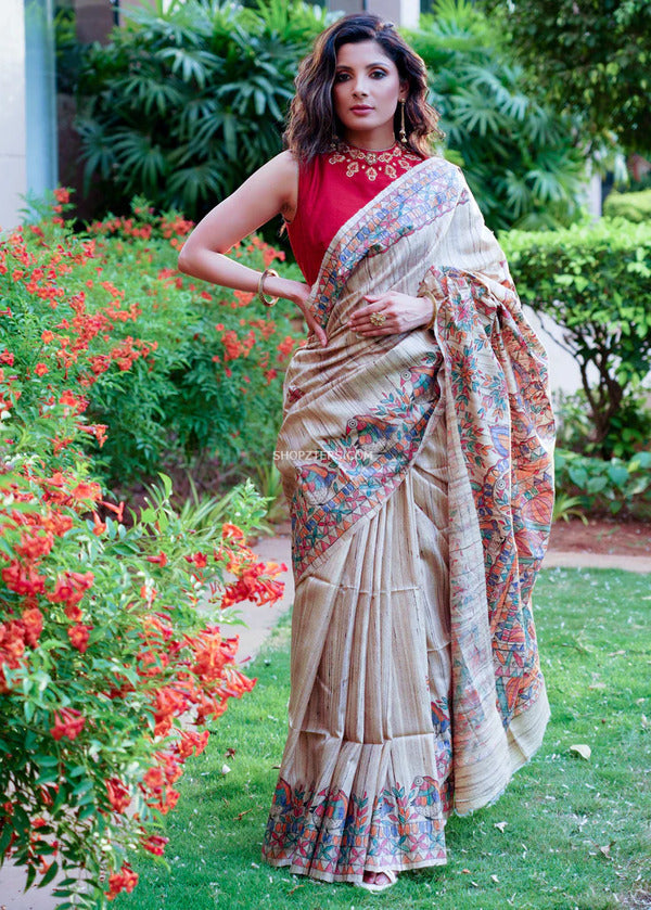 Beige Khicha Silk Madhubani Print Saree