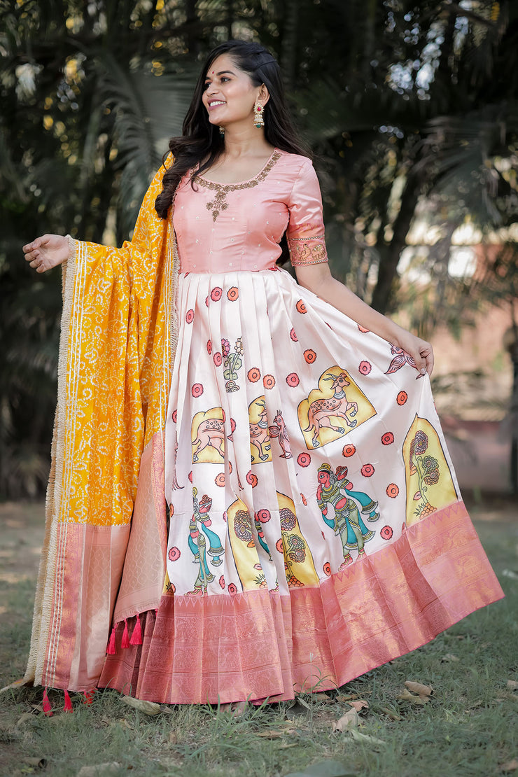 Peach Banarasi Silk Maxi Dress With Mustard Yellow Dupatta