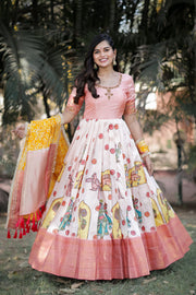 Peach Banarasi Silk Maxi Dress With Mustard Yellow Dupatta