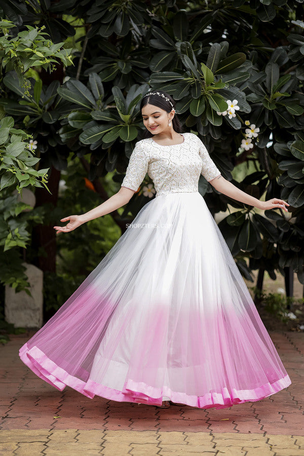 Pink Gown in Soft Net Fabrics with Heavy Foil mirror thread