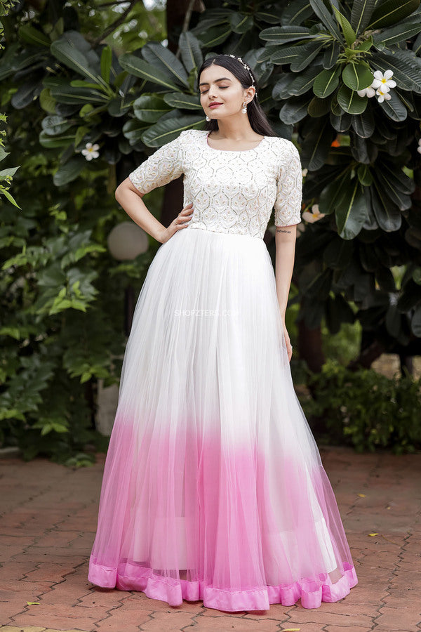 Pure White With Light Pink Net Maxi Dress