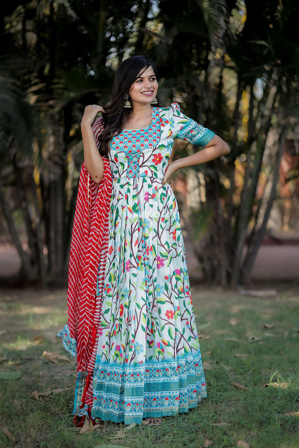 White and Blue Floral Dress With Red Dupatta