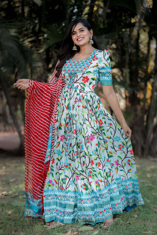 White and Blue Floral Maxi With Red Dupatta – Shopzters