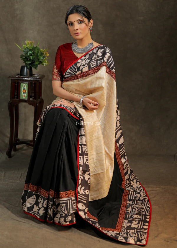 Assam Tussar Silk Saree BLACK RED GOLD – BeGorgeousByPS