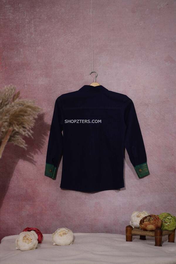 Dark Blue Cotton Silk Shirt With Zari Border