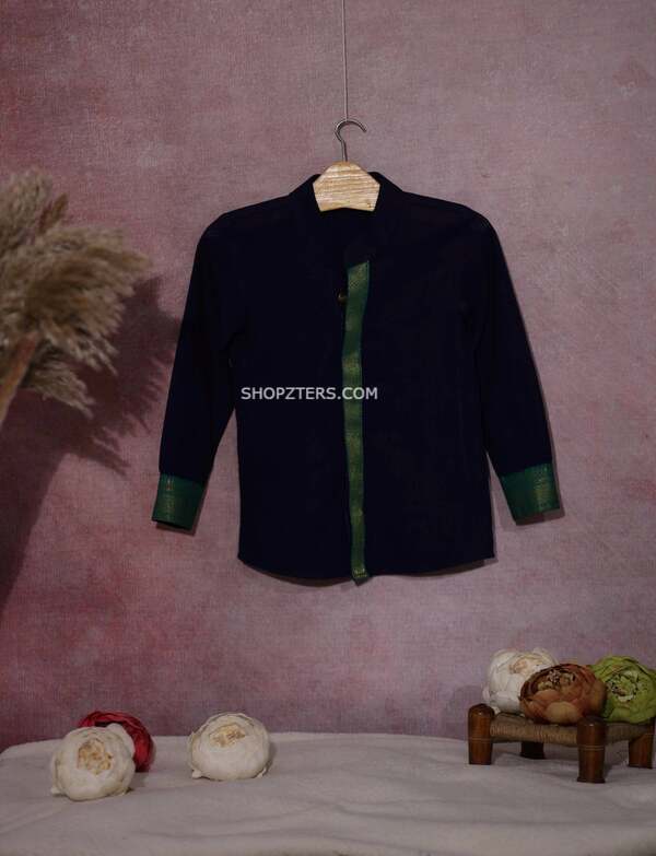Dark Blue Cotton Silk Shirt With Zari Border