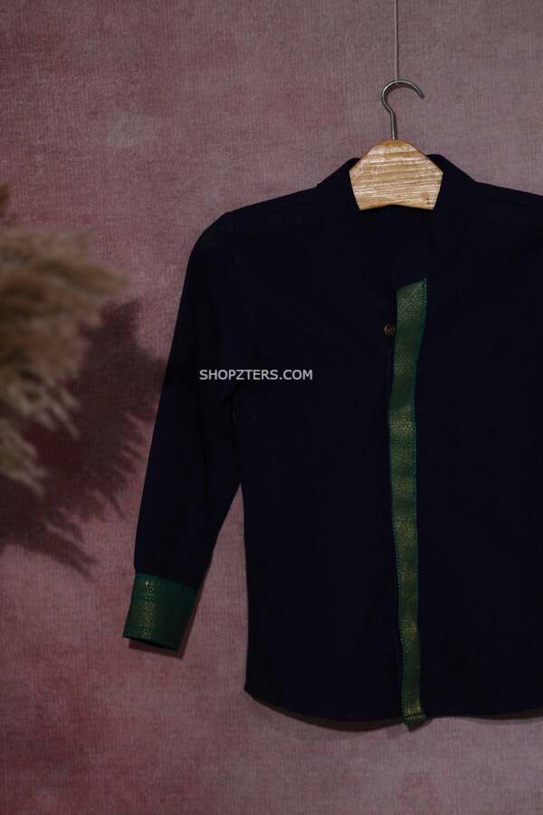 Dark Blue Cotton Silk Shirt With Zari Border