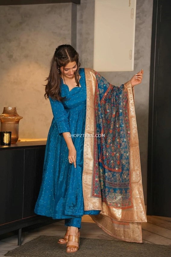 Aqua Blue Silk Suit Set With Organza Dupatta