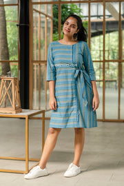 Blue Cotton Casual Striped Dress