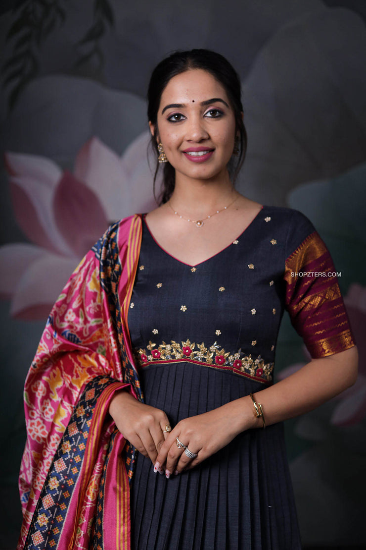 Grey Pleated Narayanpet Anarkali Dress