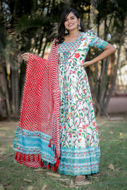 White and Blue Floral Dress With Red Dupatta