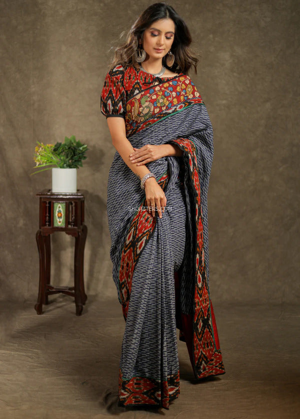 Blue Cotton Ikkat Checked Saree