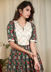 Green Floral Midi Dress With Thread Work