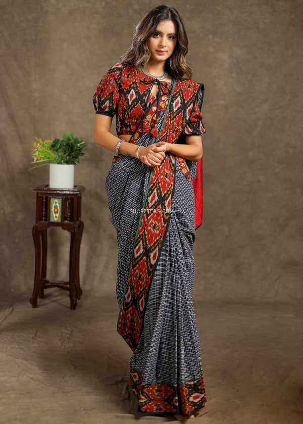Blue Cotton Ikkat Checked Saree