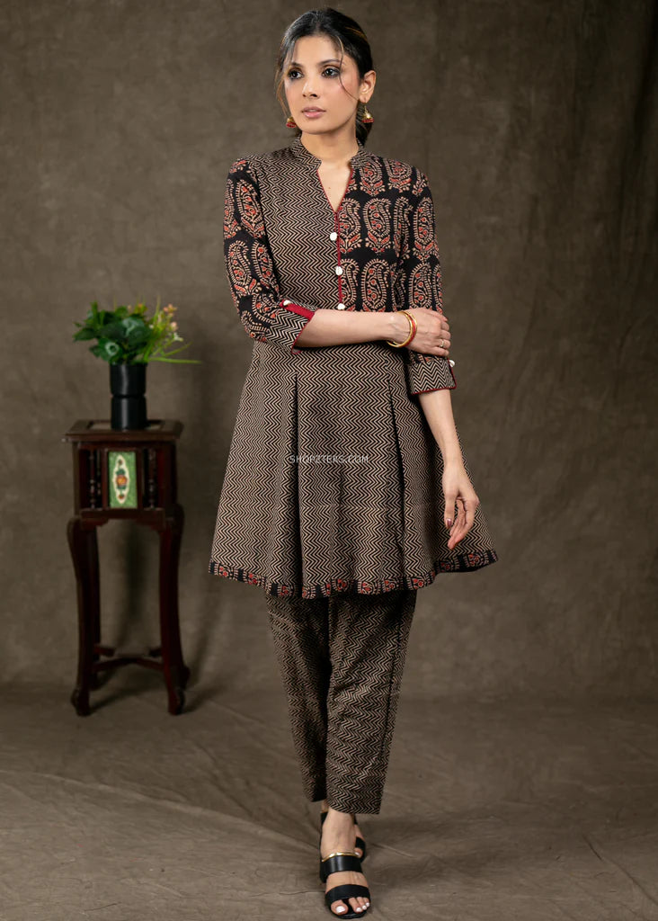 Black Striped Ikkat & Ajrakh Tunic