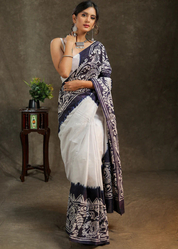 White & Blue Mul Cotton Saree