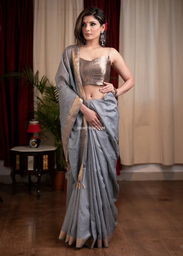 Grey Striped Kota Silk Saree
