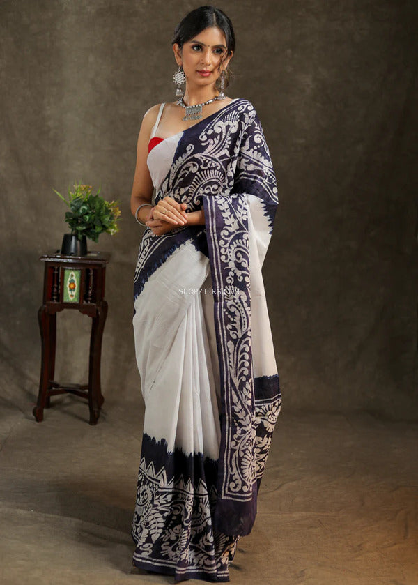 White & Blue Mul Cotton Saree