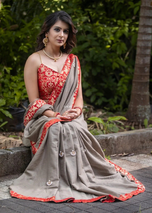 Grey Cotton Saree With Banaras Border