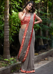 Grey Cotton Saree With Banaras Border