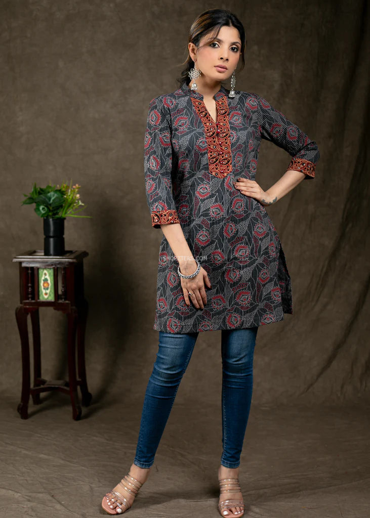 Dark Grey Kantha & Ajrakh Combination Tunic