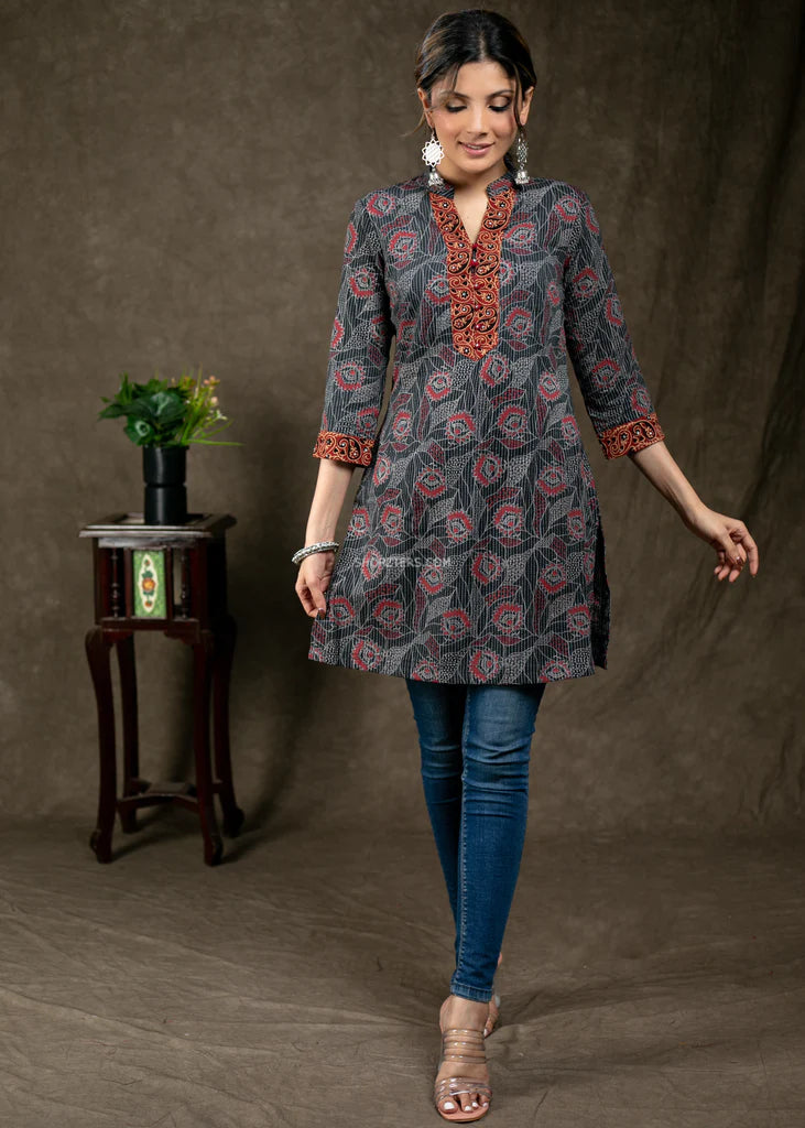 Dark Grey Kantha & Ajrakh Combination Tunic