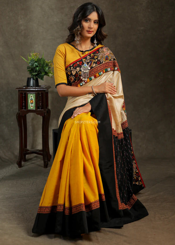 Mustard & Cream Cotton Saree With Black Border
