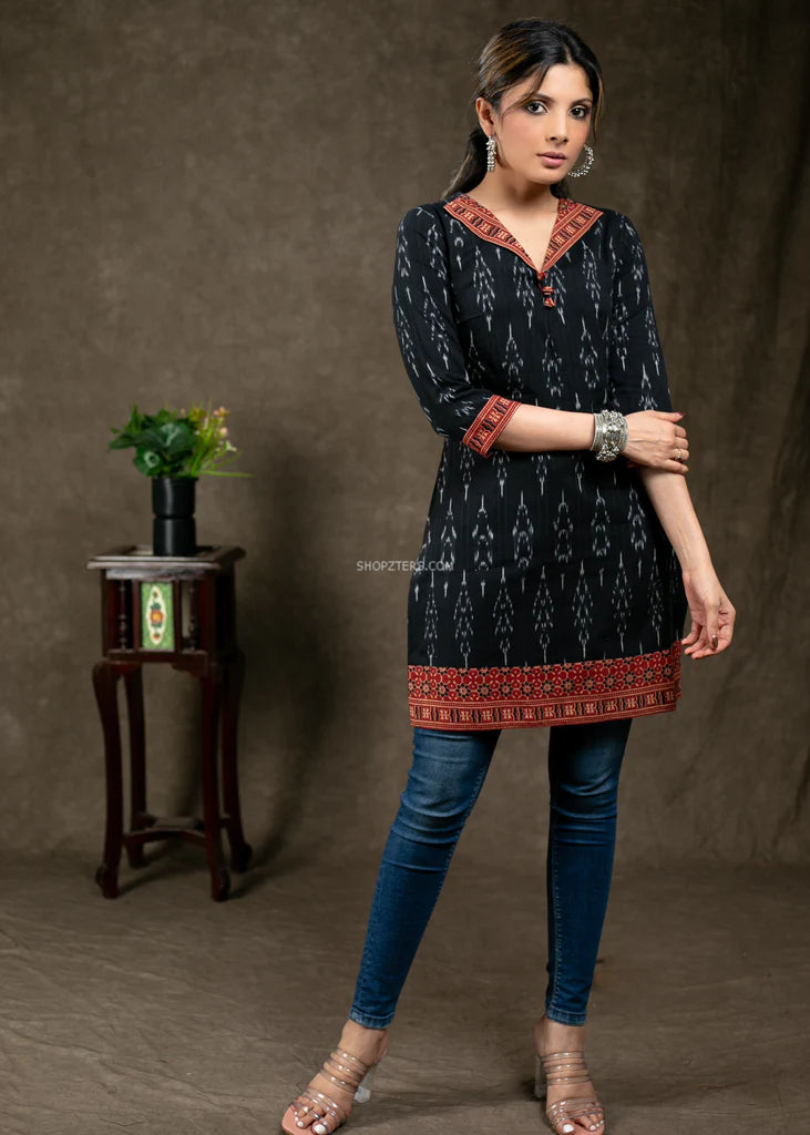 Black With Brown Ikkat & Ajrakh Combination Tunic