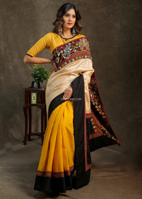 Mustard & Cream Cotton Saree With Black Border
