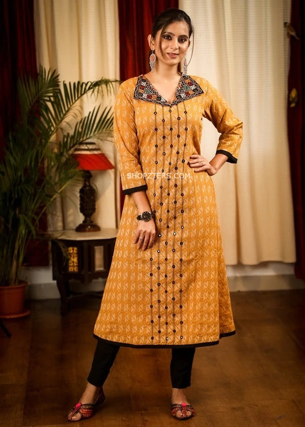 Mustard Color Self Embroidered A-Line Kurta With Mirror work Collar