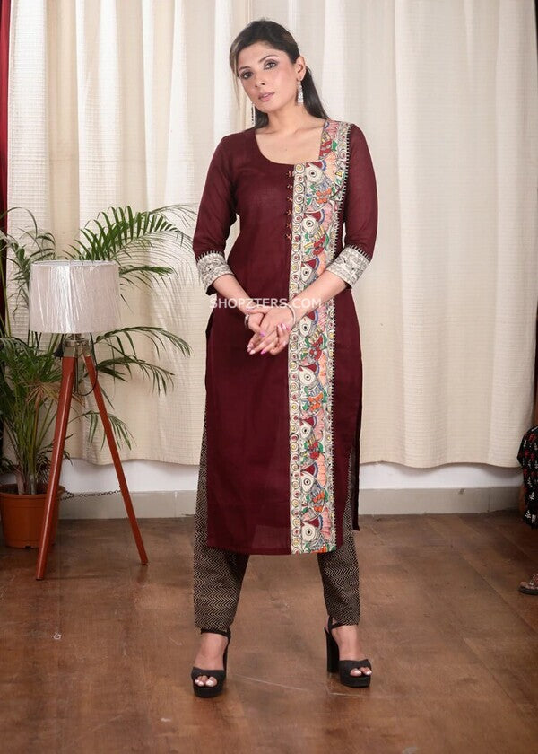 Wine Color Kurta With Hand Painted Madhubani Panel