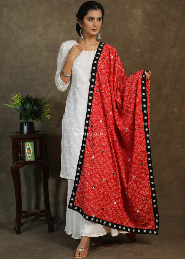 Red Dupatta With Mirror work and Ikat Border