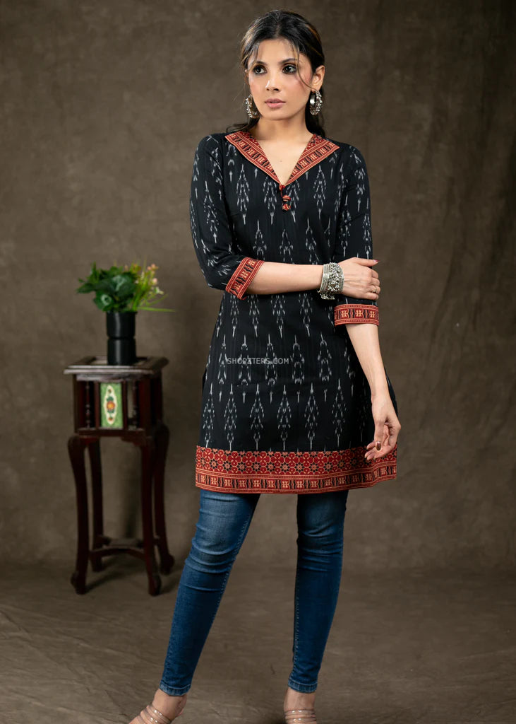 Black With Brown Ikkat & Ajrakh Combination Tunic