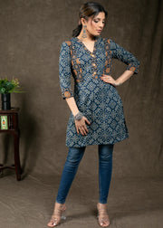 Blue Printed Tunic With Wooden Button