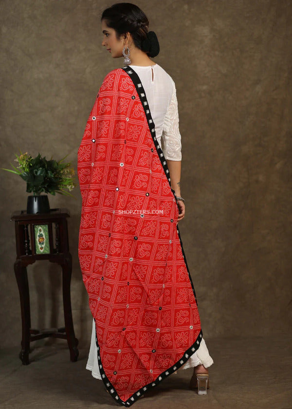 Red Dupatta With Mirror work and Ikat Border