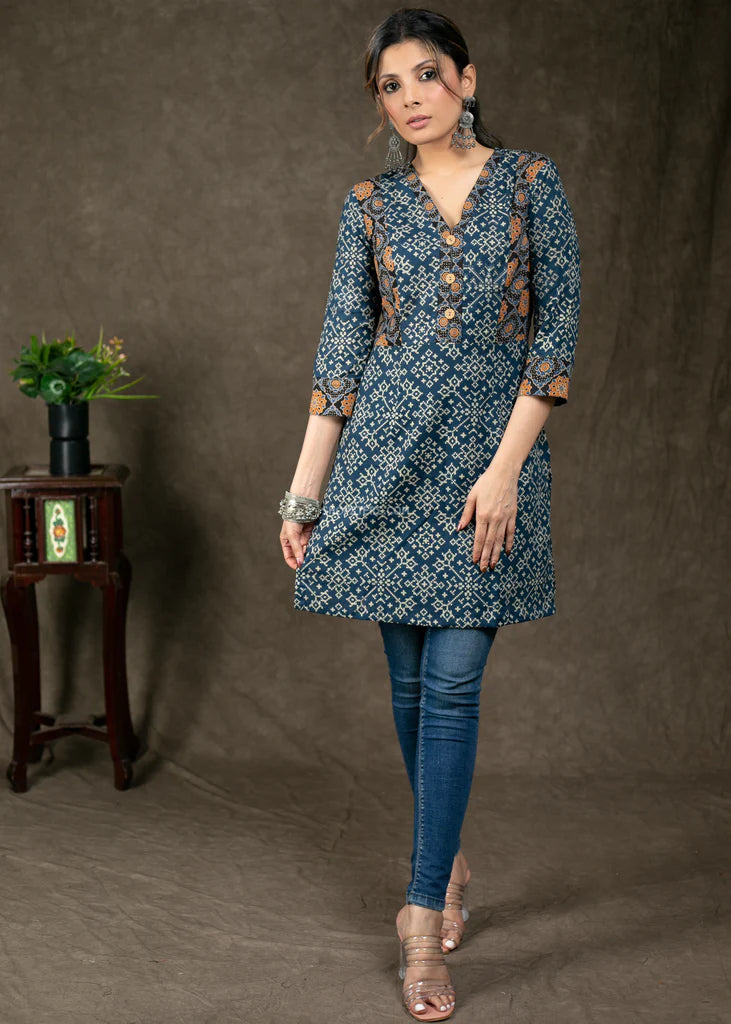 Blue Printed Tunic With Wooden Button