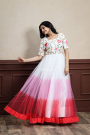 Red Pink & White Shaded Net Embroidered Maxi Dress