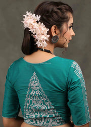 Turquoise Green Cotton Silk Blouse With Floral Embroidery